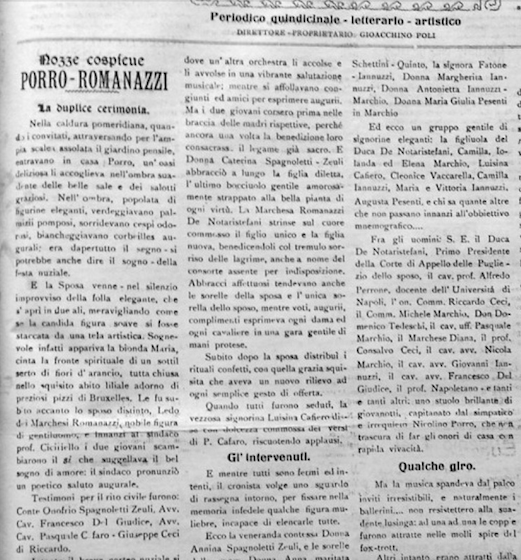 Ritaglio di giornale dell epoca (1921) sul matrimonio Maria Porro-Ledo marchese Romanazzi Carducci